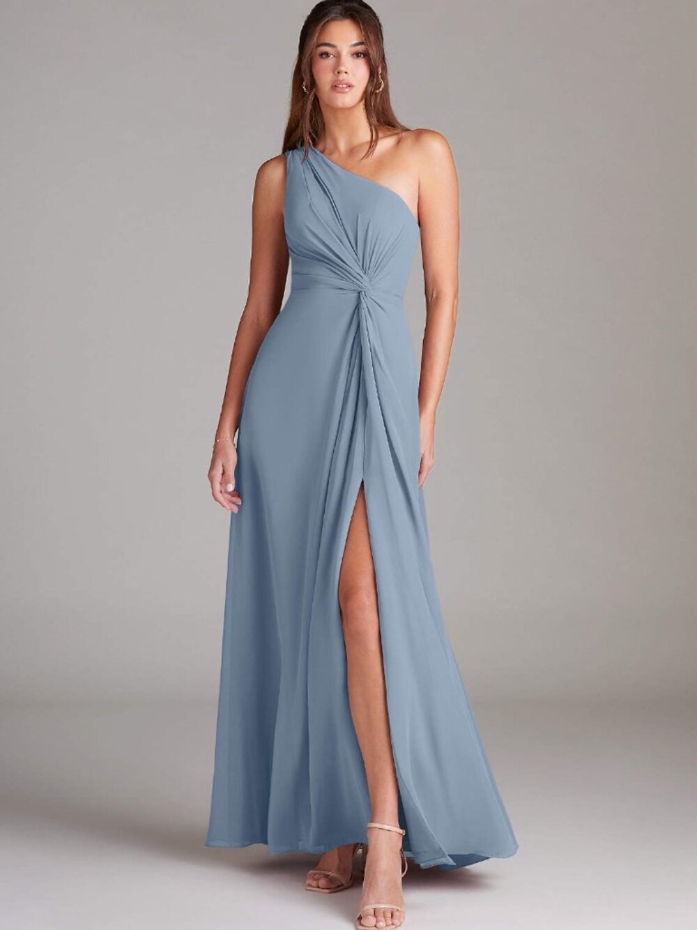 Azazie Brooke Dusty Blue A-Line One Shoulder Chiffon Bridesmaid Dress - Size 6
